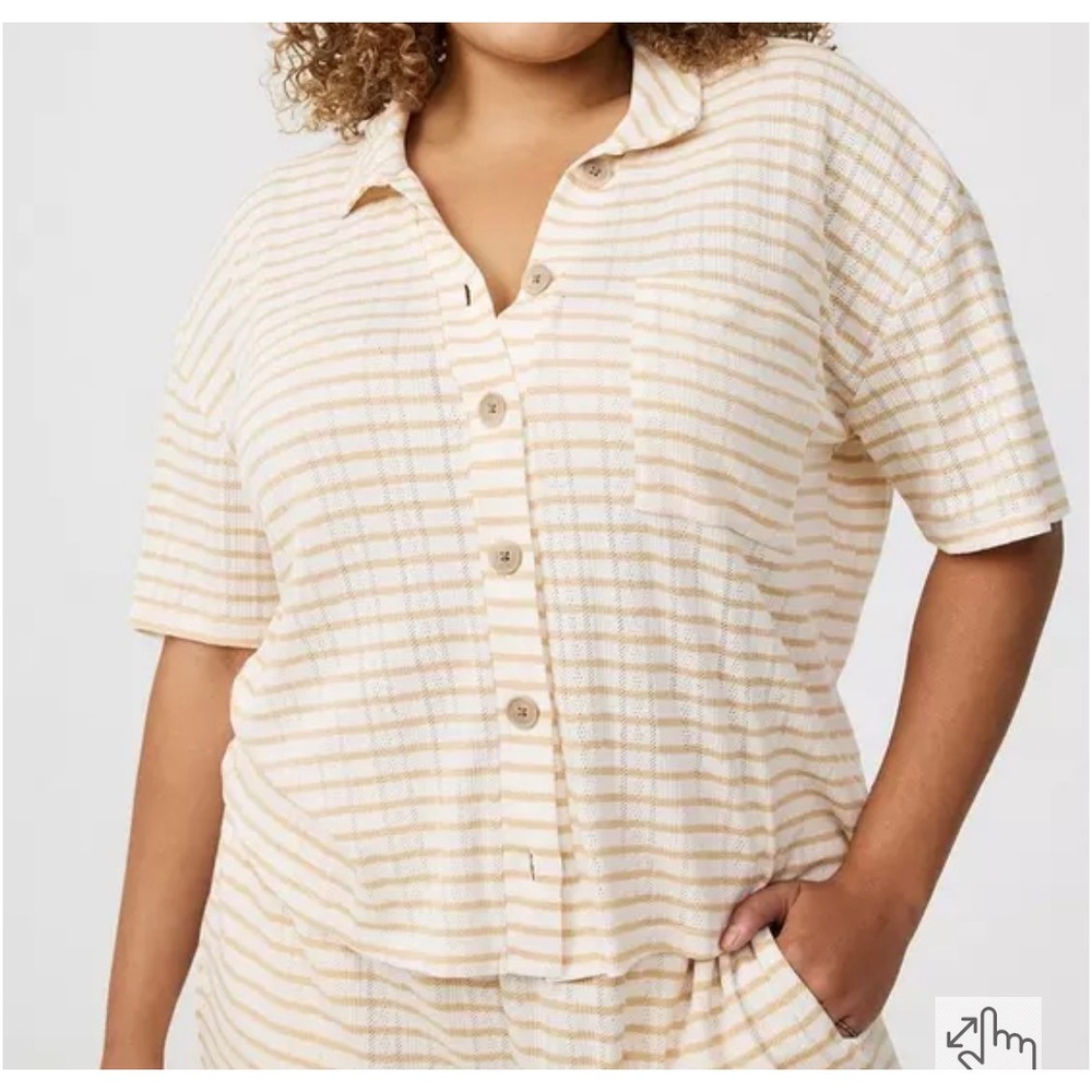 Torrid Pointelle Stripe Button Front Top Coastal Tan White 1 Short Sleeve Pocket